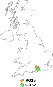 map showing distance between RG25 and GU32