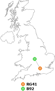 map showing distance between RG41 and B92