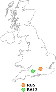 map showing distance between RG5 and BA12