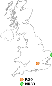 map showing distance between RG9 and NR33