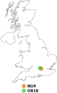 map showing distance between RG9 and OX10