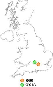 map showing distance between RG9 and OX18