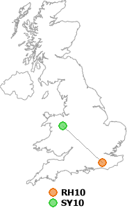 map showing distance between RH10 and SY10