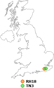 map showing distance between RH18 and TN3