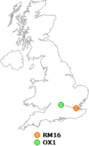 map showing distance between RM16 and OX1