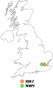 map showing distance between RM7 and NW9