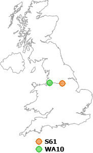 map showing distance between S61 and WA10