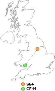 map showing distance between S64 and CF44