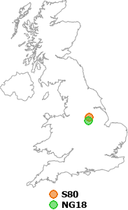 map showing distance between S80 and NG18