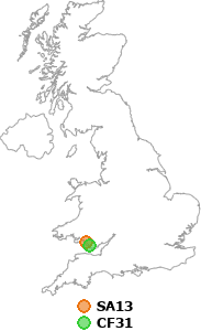 map showing distance between SA13 and CF31