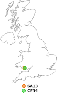 map showing distance between SA13 and CF34