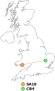 map showing distance between SA18 and CB4