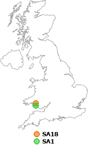 map showing distance between SA18 and SA1