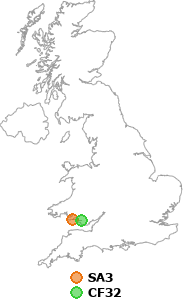 map showing distance between SA3 and CF32