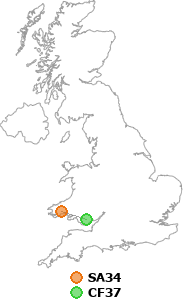 map showing distance between SA34 and CF37