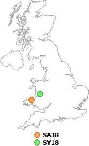 map showing distance between SA38 and SY18