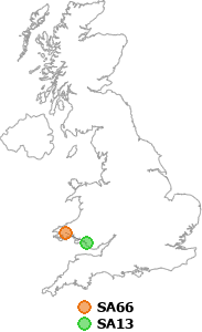 map showing distance between SA66 and SA13