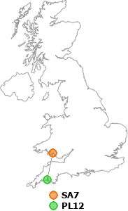 map showing distance between SA7 and PL12