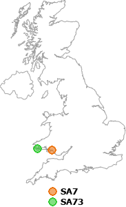 map showing distance between SA7 and SA73