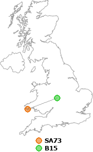 map showing distance between SA73 and B15