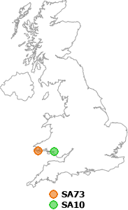 map showing distance between SA73 and SA10