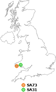 map showing distance between SA73 and SA31