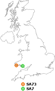 map showing distance between SA73 and SA7