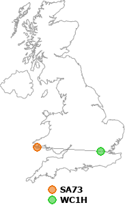 map showing distance between SA73 and WC1H