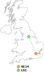 map showing distance between SE14 and LS1