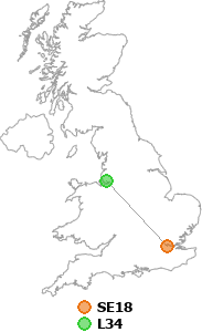 map showing distance between SE18 and L34