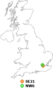 map showing distance between SE21 and NW6