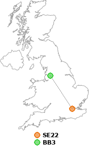 map showing distance between SE22 and BB3