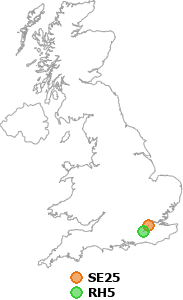 map showing distance between SE25 and RH5