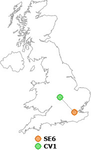 map showing distance between SE6 and CV1