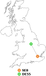 map showing distance between SE8 and DE55