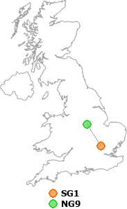 map showing distance between SG1 and NG9