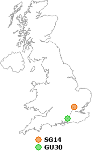 map showing distance between SG14 and GU30