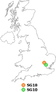 map showing distance between SG18 and SG10