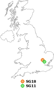 map showing distance between SG18 and SG11