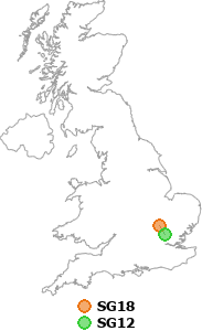 map showing distance between SG18 and SG12