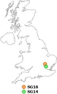 map showing distance between SG18 and SG14