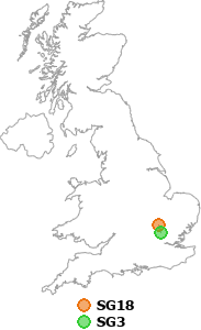 map showing distance between SG18 and SG3