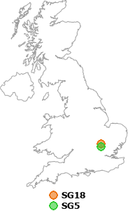 map showing distance between SG18 and SG5