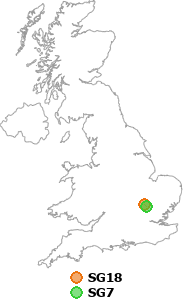 map showing distance between SG18 and SG7