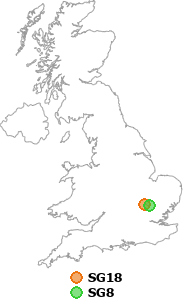 map showing distance between SG18 and SG8