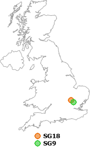 map showing distance between SG18 and SG9