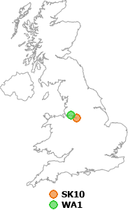 map showing distance between SK10 and WA1