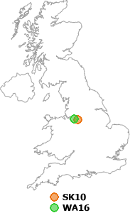 map showing distance between SK10 and WA16