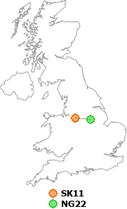 map showing distance between SK11 and NG22