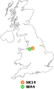 map showing distance between SK14 and WA4